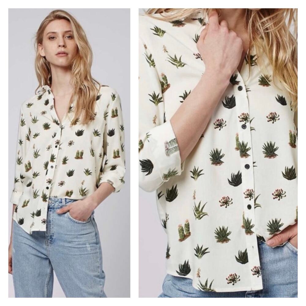Topshop Cactus Succulent Button Up Top Size 4 Plant Print Western Casual